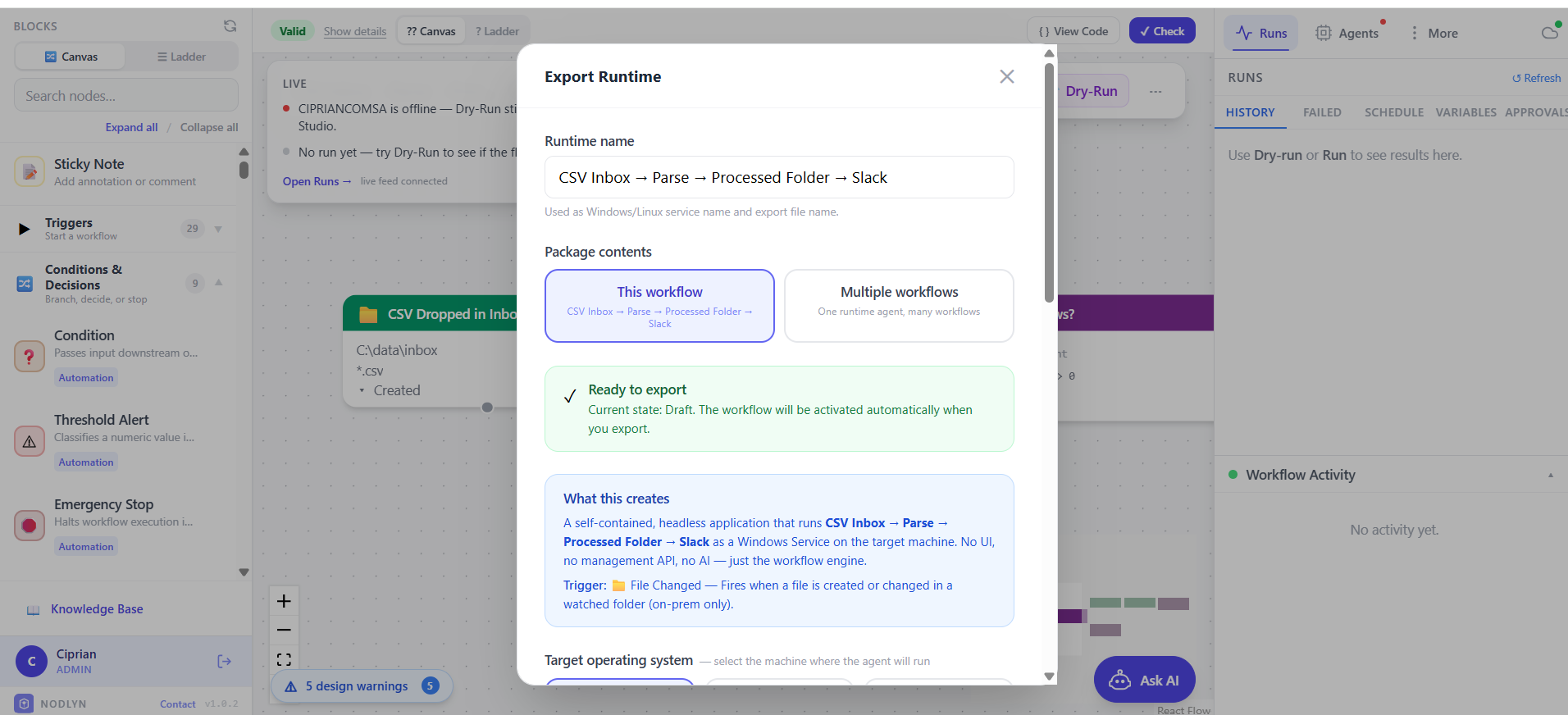 Export runtime agent dialog