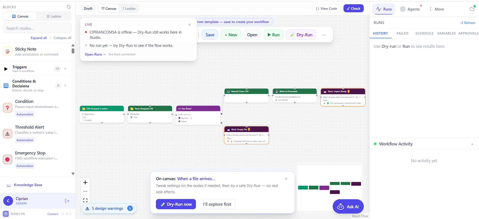 Workflow canvas with connected blocks